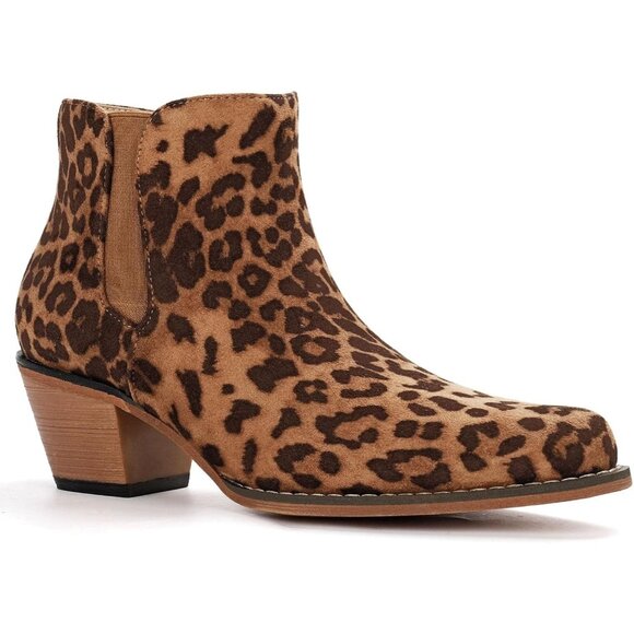 Shoes - Women's Cheetah Cowgirl Embroidered Chunky Heel Fashion Snip Toe Casual Boots